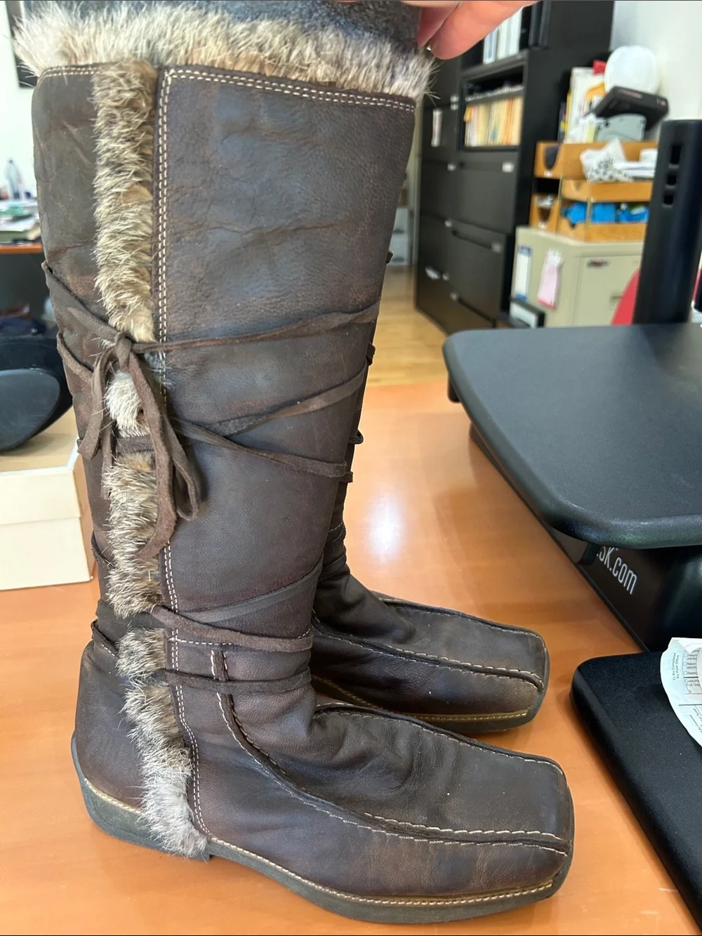 Brown Leather Knee Boots with Fur Trim and Lining
